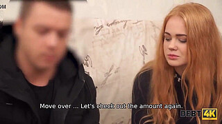 Debt4k. Cunning guy fucks shaved pussy of red-haired cutie Rose Wild for the debt