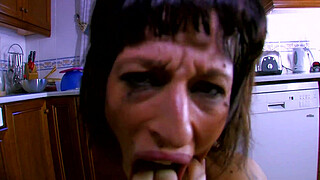 shaved pussy brunette milf fucked in kitchen