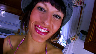shaved pussy brunette milf fucked in kitchen