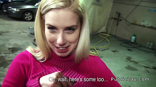 Female boss wanking cock in public garage