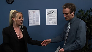 The office sex fantasy from the blonde milf with big tits and a shaved pussy finally gets fulfilled