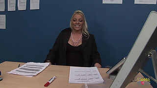 The office sex fantasy from the blonde milf with big tits and a shaved pussy finally gets fulfilled