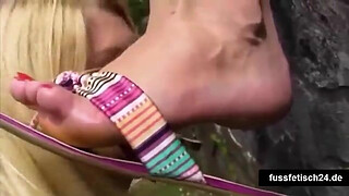 Lesbian feet licking and toes sucking with flip flops
