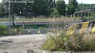 Very hot young blonde teen girl fucked on a street in public sex threesome orgy