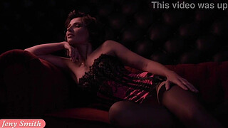 Jeny Smith red corset and stockings photo shoot