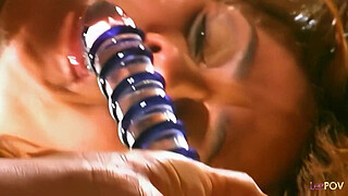 Kinky and tanned teen plows her dripping wet cunt with sex toys until she orgasms