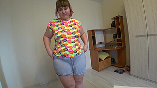 Beautiful bbw with a big ass in tight shorts at a doctor's appointment, full fisting in medical gloves, lesbians POV.