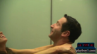 Horny mature couple having quickie sex in a public elevator