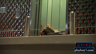 Horny mature couple having quickie sex in a public elevator