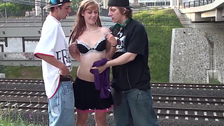 Facial cum on Alexis Crystal face in public sex gang bang threesome orgy