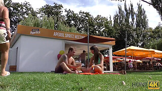 HUNT4K. Slender teen tries outdoor anal sex while cuckold films this