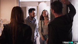 Asian Nicole Doshi shaved pussy got fucked hard by Tommy Nicole and Frank is to celebrate when couple ask for help. Frank help but Nicole wonder why takes so long so check and saw they are having sex