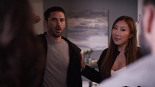 Asian Nicole Doshi shaved pussy got fucked hard by Tommy Nicole and Frank is to celebrate when couple ask for help. Frank help but Nicole wonder why takes so long so check and saw they are having sex