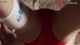 Hairy teen in red stockings