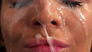 Frisky stunner gets cumshot on her face swallowing all the juice