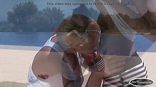 Lesbian babes exercise by the pool
