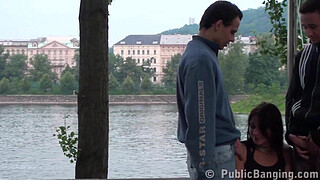 Busty teen girl in PUBLIC sex gangbang on the street with 2 guys