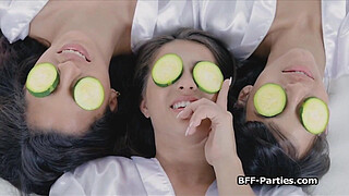 Three besties sharing big cock during spa day