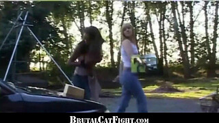 Rough catfight at a carwash