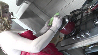 Nude Cooking Erotic Kitchen Sexy Frina. Sexy mommy MILF without panties cooks onion soup with and cognac in transparent peignoir and stockings. Booty, shaved pussy, ass. Home nudity