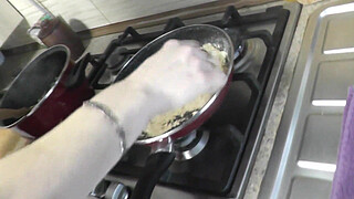 Nude Cooking Erotic Kitchen Sexy Frina. Sexy mommy MILF without panties cooks onion soup with and cognac in transparent peignoir and stockings. Booty, shaved pussy, ass. Home nudity