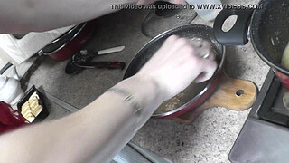 Nude Cooking Erotic Kitchen Sexy Frina. Sexy mommy MILF without panties cooks onion soup with and cognac in transparent peignoir and stockings. Booty, shaved pussy, ass. Home nudity