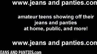 Redhead teen Maggie in jeans shorts and pigtails