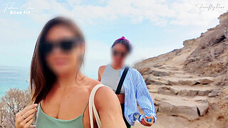 BEACH HANDJOB: during my exhib trip I find the two girls flashed in the parking lot