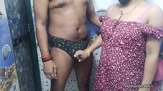 Indian Desi Bhabhi giving best handjob and her husband cum on her sexy blue panty.