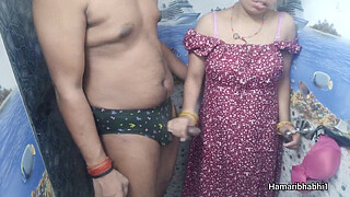 Indian Desi Bhabhi giving best handjob and her husband cum on her sexy blue panty.