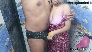 Indian Desi Bhabhi giving best handjob and her husband cum on her sexy blue panty.