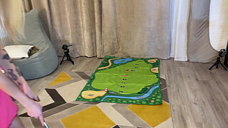 Handjob Challenge with a Twist in Sexy Satin Nighties to play Mini Golf to Stroke a Cock