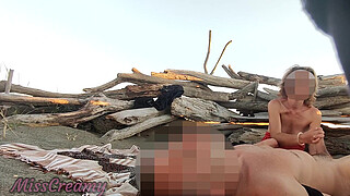 My naked wife on public beach jerks her student's cock until cumshot in front of strangers - Caught sex - MissCreamy
