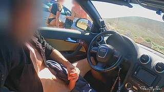 FACE REVEAL of the two girls: dick flash exhibitionism in car for two perfect body girls.