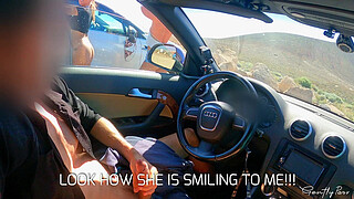 FACE REVEAL of the two girls: dick flash exhibitionism in car for two perfect body girls.