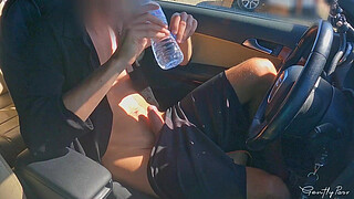 FACE REVEAL of the two girls: dick flash exhibitionism in car for two perfect body girls.