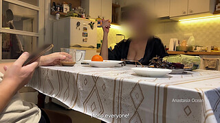 My husband jerking under a table front of my step mom and i right at the kitchen.