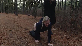 Two sick perverts take bubble butt MILF for a crawl into the woods