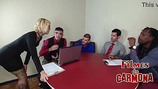 company celebrates the year's profits with an orgy among employees