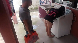 Married housewife pays washing machine repairman with her ass while husband is away