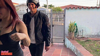 Delivery boy delivers sausage to couple who likes threesome with another guy