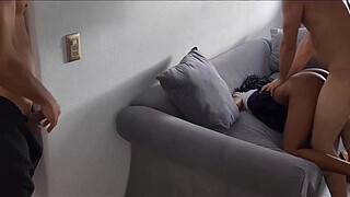 Stepfather catches his best friend fucking his girl on the couch while his friend masturbates