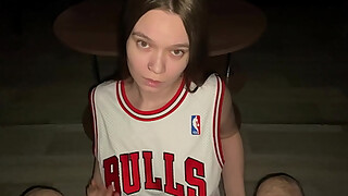 Good girl gives her stepdad a deep blowjob while kneeling. Cum on stepdaughter big natural tits