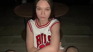 Good girl gives her stepdad a deep blowjob while kneeling. Cum on stepdaughter big natural tits