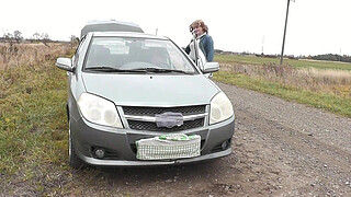 Sex in public. Sexy blonde Milf car broke down on highway. Random passerby helped fix it, then put my wife on the hood, fucked pussy doggy style and cum. Cumshot. Outdoor. Outside. Public fucked