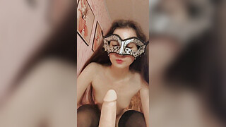 Russian Brunette in Stockings Sucks Thick Dildo with Dirty Talk, Fingers Pussy. Close-up Anal Fingering