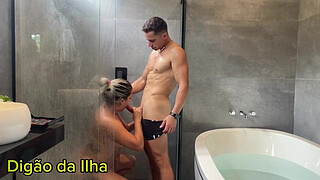 Married woman sucking friend in the shower, and giving it to her husband and friend in the bathtub until she gets milk in her tight pussy