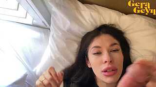 Shy babe sucks big cock and gets a huge facial