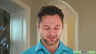 Sensual big tit teen masseuse gives a nice soapy handjob before nuru slippery sex massage