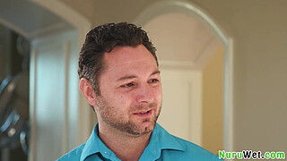 Sensual big tit teen masseuse gives a nice soapy handjob before nuru slippery sex massage